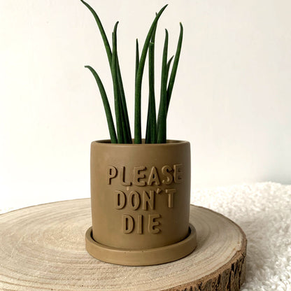 Cache-pot fait main avec soucoupe "Please don't Die" Iris Kaki